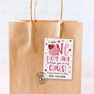 Lucky duck themed Valentine tag digital design featuring white background, pink duck illustration, scattered hearts, and the words “happy Valentine’s day!” at the bottom, created for easy print-and-cut use on student gift bags, classroom exchanges, or school party treats.