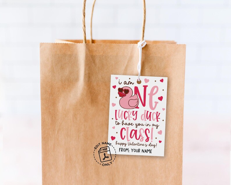 Lucky duck themed Valentine tag digital design featuring white background, pink duck illustration, scattered hearts, and the words “happy Valentine’s day!” at the bottom, created for easy print-and-cut use on student gift bags, classroom exchanges, or school party treats.