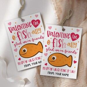 Printable kids valentine tag designed with a hand-lettered message “You are o-fish-ally awesome,” bright pink hearts, and cute fish art, ideal for at-home printing, trimming, and attaching with mini clothespins to paper bags of candy, snacks, or non-candy classroom gifts.