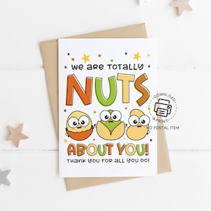 Carte de remerciement pour professeur Nuts about you, carte de remerciement imprimable pour professeur, joli cadeau de jeu de mots, carte de professeur drôle d'un étudiant