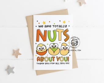 Nuts About You Teacher Appreciation Card, Printable Thank You Card for Teacher, Cute Nut Pun Gift, Funny Teacher Card from Student