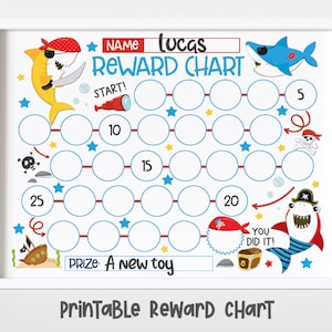 May include: A printable reward chart featuring a shark and pirate theme. The chart has 25 circles to color in, with numbers 5, 10, 15, 20, and 25 marked. The text "NAME" and "REWARD CHART" are at the top, with a space for a name. The text "START!" is at the beginning of the chart, and the text "YOU DID IT!" is at the end. The text "PRIZE: A new toy" is at the bottom of the chart.