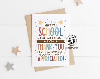 School Lunch Hero Day Printable Card, Retro Style Thank You Note for Cafeteria Worker, Lunch Staff Appreciation Instant Download