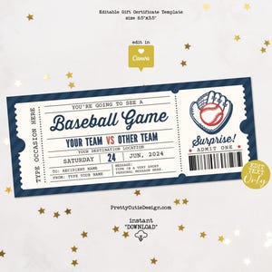 Modelo de presente para bilhete de jogo de beisebol, certificado de presente de beisebol, bilhete de presente de aniversário, bilhete surpresa para temporada de beisebol, voucher para impressão