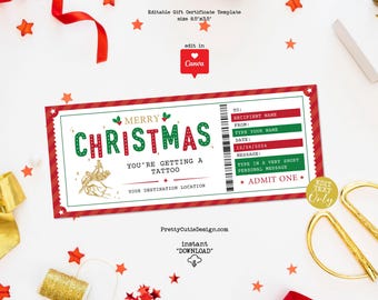 Tattoo Gift Certificate Template, Christmas Gift Ticket Template, Tattoo Voucher from Santa, Personalized Gift Printable Surprise Christmas