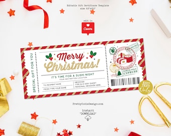 Christmas Sushi Night Surprise Gift Ticket Voucher, Editable Holiday Date Night Gift Certificate Template, Reveal Dinner Gift Ticket Coupon