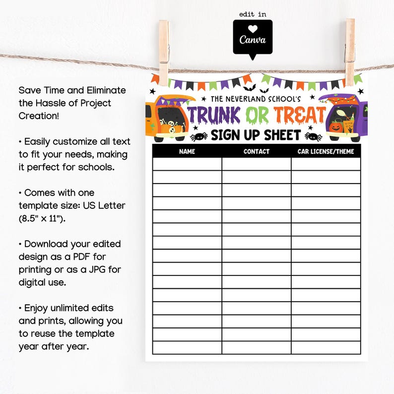 Cute and spooky Canva editable Halloween sign-up sheet with trunk or treat theme, designed for school events, community trunk parties, or church Halloween gatherings, printable and easy to reuse each year.