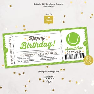 Plantilla editable de certificado de regalo de tenis, boleto sorpresa de cumpleaños, vale de regalo de partido de tenis imprimible, plantilla de cupón de cumpleaños