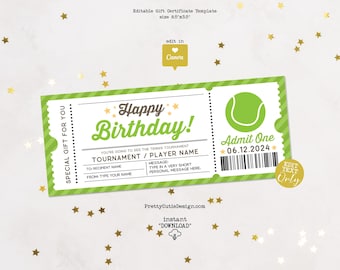 Tennis Gift Certificate Editable Template, Birthday Surprise Ticket, Tennis Match Gift Voucher Printable, Birthday Coupon Template