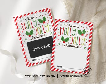Christmas Gift Card Holder Printable, Holly Jolly Design, Candy Cane Border