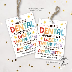 Etiquetas de regalo imprimibles para la Semana del Higienista Dental, etiquetas de agradecimiento para el personal dental, etiquetas de agradecimiento, etiquetas de obsequio para el consultorio dental, diseño de diente bonito