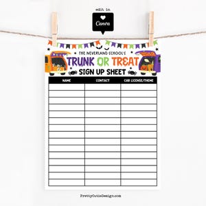 Halloween trunk or treat sign up sheet printable featuring festive graphics like Halloween banners, cartoon cars, and costumed kids, designed for school or community use with editable Canva template for easy customization.