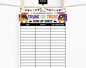 Trunk or Treat Sign-Up Sheet: Halloween School PTO Volunteer Form (Canva Template, Printable PDF)