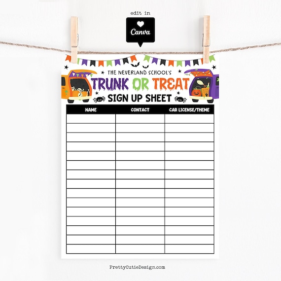 Trunk or Treat Sign-Up Sheet: Halloween School PTO Volunteer Form (Canva Template, Printable PDF)