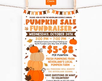Pumpkin Sale Fundraiser Flyer Template: School Fall Event Poster, Editable Canva Design