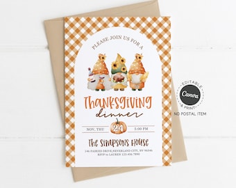 Gnome Thanksgiving Dinner Invitation Template: Editable Holiday Party Invite (Canva)