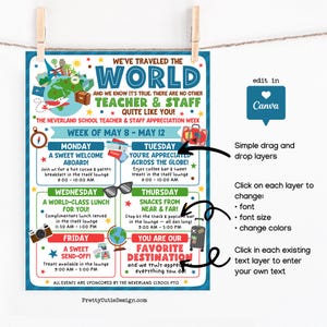 School staff appreciation poster template with a globe travel theme, created for editing in Canva and printing as an event schedule or thank you display, featuring bold headline text, colorful stars, vacation icons, and a fun layout that fits teacher appreciation week perfectly.