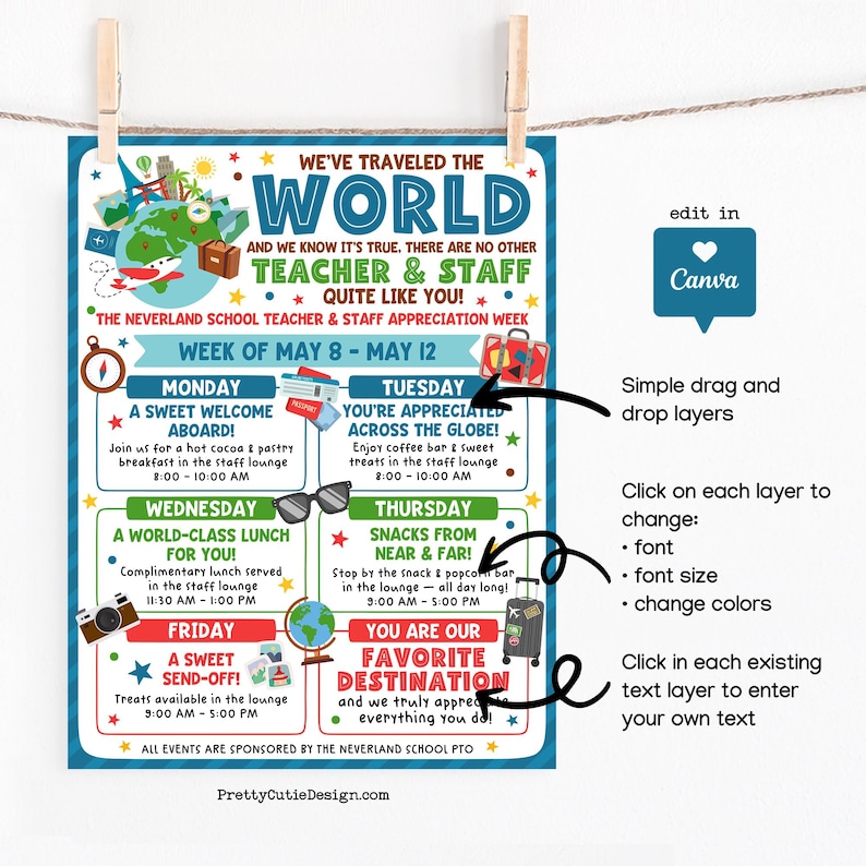 School staff appreciation poster template with a globe travel theme, created for editing in Canva and printing as an event schedule or thank you display, featuring bold headline text, colorful stars, vacation icons, and a fun layout that fits teacher appreciation week perfectly.