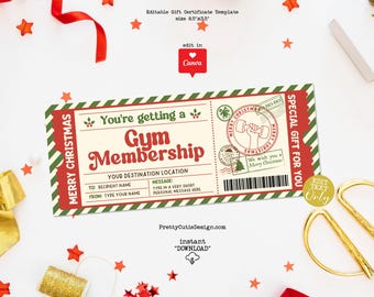 Christmas Gym Membership Gift Voucher Template Printable, Editable Workout Fitness Pass Gfit Certificate, Christmas Surprise Ticket Coupon