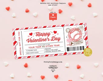 Editable Valentine's Day Baseball Game Gift Certificate Template, Surprise Baseball Gift Ticket, Valentine's Day Coupon