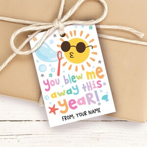 May include: A gift tag with a cartoon sun wearing sunglasses and the text "You blew me away this year!" in colorful letters. The tag is attached to a wrapped brown package with a white string bow.