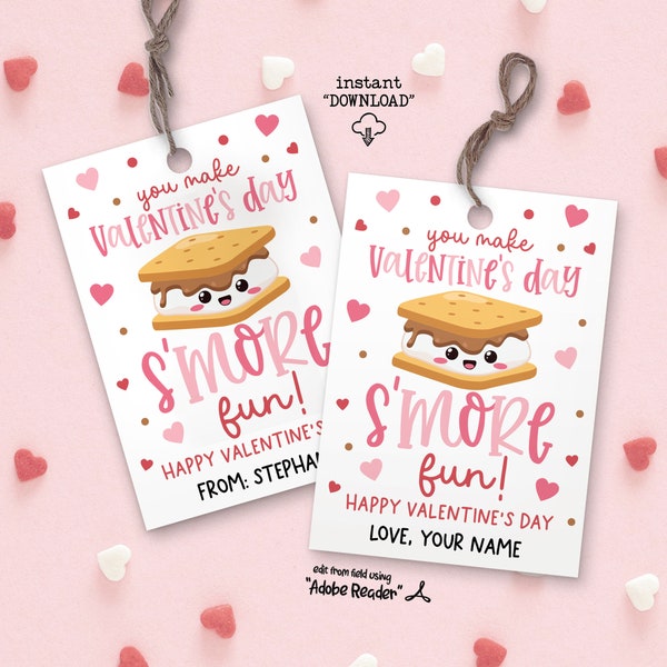 Printable S'mores Valentine's Day Gift Tags, You Make Valentine's Day S'more Fun Valentine Gift Tag, School Valentine Kid's Class Treat Tag