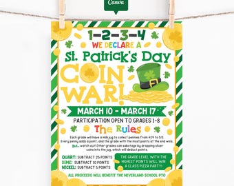 Editable St Patricks Coin War Fundraiser Flyer Template, St Patrick's Day School PTO PTA March Fundraiser, Nonprofit Fundraising Event