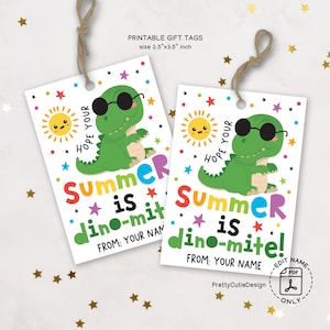 J'espère que votre été est dino-acarien, étiquettes dinosaure pour le dernier jour d'école, étiquettes de sac friandises d'été, étiquettes imprimables de fin d'année pour les enfants