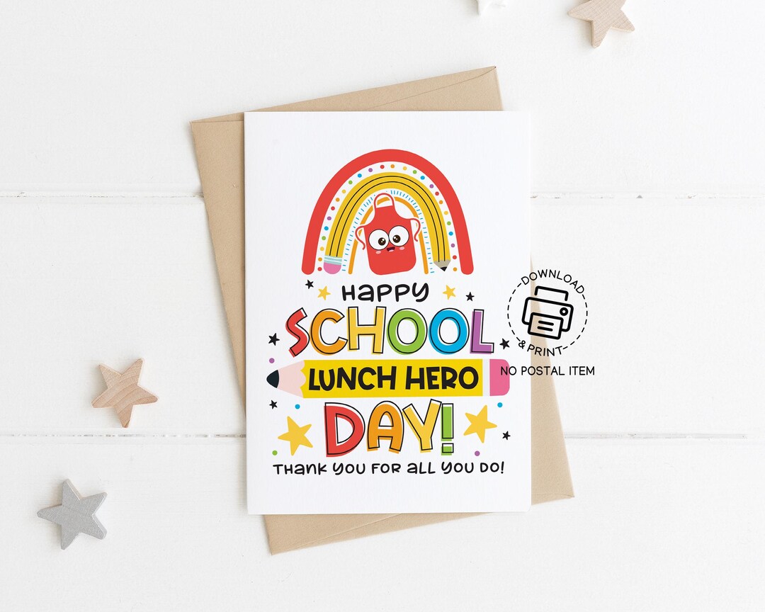 School Lunch Hero Day Greeting Card Printable, Rainbow Thank You Card ...