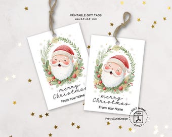 Santa Gift Tags, Watercolor Christmas Wreath, Printable Holiday Favor Labels