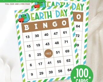 Earth Day Bingo Printable Numbers Game, 100 Cards for Classroom or Party Activity, Fun Earth Day Game for Kids, Teachers, Groups