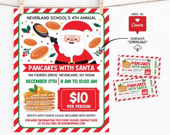 Pancakes with Santa Flyer Template with Tickets: Editable Canva, Printable Poster (Digital)