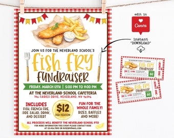 Fish Fry Fundraiser Flyer Template, Fish Fry Flyer School Fundraiser Event Editable Template Canva, Fish And Chips Fundraiser Poster