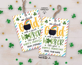 We Struck Gold Social Worker Gift, St Patricks Day Social Worker Gift Tags, St Pattys Day Pot Of Gold Social Worker Printable Favor Tags