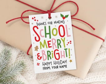Teacher Christmas Gift Tags, School Merry and Bright Printable, Staff Appreciation
