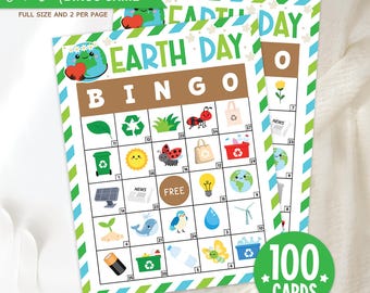 Earth Day Bingo Printable Game, 100 Cards for Kids Classroom Activity, Eco Themed Party Game, Instant Download for Teachers and Homeschool
