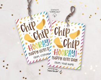 100 Days School Printable Gift Tag, Chip Chip Hooray Happy 100 Days Of School Gift Tags, Children Stickers Potato Chips School Favor Tags