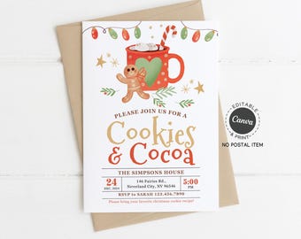 Cookies and Cocoa Invitation, Editable Canva Template, Christmas Party, 5x7 Printable (Digital)
