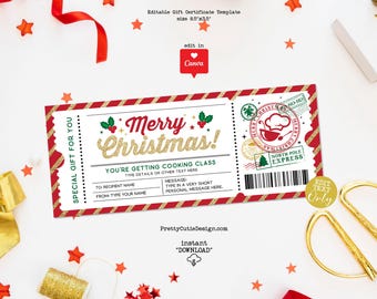 Christmas Cooking Lessons Surprise Gift Ticket Voucher, Editable Holiday Cooking Class Gift Certificate Template, Cooking Lessons Coupon