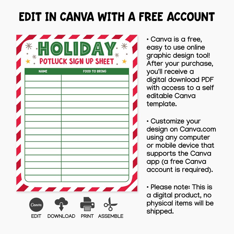 Holiday Potluck Sign up Sheet, Canva Template, Christmas Party Food ...