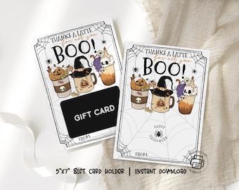 Halloween Gift Card Holder Printable, Thanks a Latte Boo Coffee Card, Teacher Appreciation Gift Tag, Cute Spooky Gift Card Sleeve