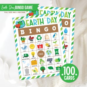 Juego de bingo imprimible del Día de la Tierra, actividad para el aula infantil, juego ecológico para la escuela, 100 cartones de bingo y fichas de llamada, descarga instantánea