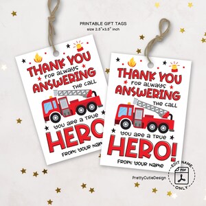 Etiquetas de agradecimento para bombeiros para impressão, etiquetas de agradecimento para presentes de bombeiros, etiquetas de lembrancinhas para festa de caminhão de bombeiros, etiquetas de agradecimento para o dia dos bombeiros