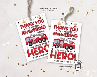 Firefighter Appreciation Tags Printable, Thank You Firefighter Gift Tags, Fire Truck Party Favor Tags, Firefighters Day Thank You Tags