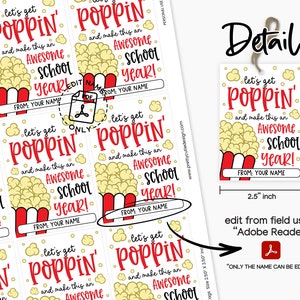School welcome popcorn printable label shown clipped to lunch or snack bags, colorful design includes editable ‘From’ line for custom names