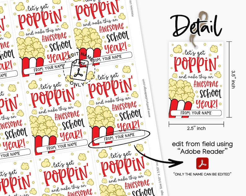 School welcome popcorn printable label shown clipped to lunch or snack bags, colorful design includes editable ‘From’ line for custom names