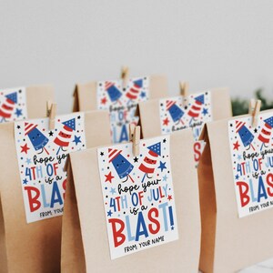 Patriotic printable gift tag with fun text and cute firework rockets, perfect for decorating party favors and treat bags for the 4th of July