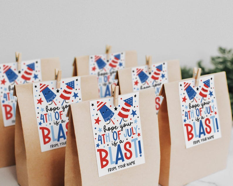 Patriotic printable gift tag with fun text and cute firework rockets, perfect for decorating party favors and treat bags for the 4th of July