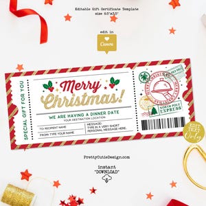 May include: A festive Christmas gift certificate with a red and gold border. The certificate reads "Merry Christmas!" in gold glitter lettering. It includes space for recipient, sender, and a personal message. The design includes holly berries and a North Pole Express stamp.