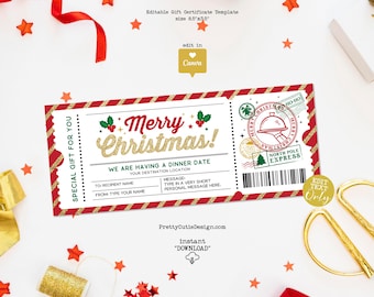Christmas Dinner Date Surprise Gift Ticket Voucher, Editable Holiday Date Night Gift Certificate Template, Reveal Dinner Gift Ticket Coupon
